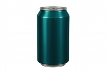 Teal aluminum beverage can positioned against transparent surface, showcasing sleek design for branding and marketing presentations