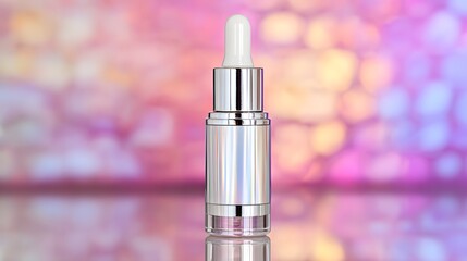 A metallic iridescent dropper bottle stands out against a soft, vibrant background.