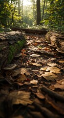 Obraz premium Sunlight filtering through a forest path strewn with fallen leaves and logs