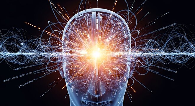 Futuristic digital brain with glowing neural networks and light effects representing advanced artificial intelligence and interconnected data flow