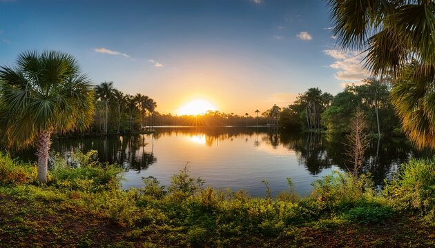 serene sunset over tranquil waters of a lake in coral springs florida surrounded by lush green palm trees and vibrant tropical foliage