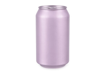 Purple aluminum beverage can sitting against clean transparent surface, highlighting graphic design potential with sleek minimalist aesthetic