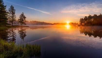 Fototapeta premium a peaceful sunrise over a calm lake with mist and trees reflecting on the colorful water