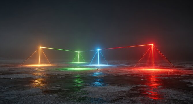 Four vibrant light beams,  spanning a frozen landscape