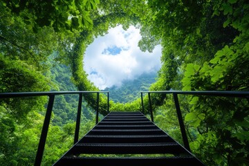 Obraz premium Verdant Steps to the Sky: Black Metal Staircase Through Lush Forest Canopy