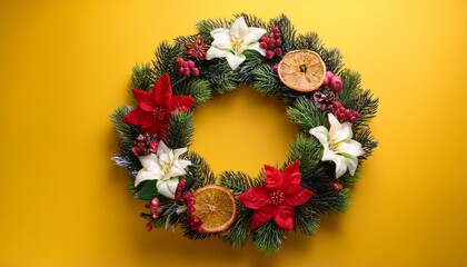 colorful floral christmas wreath on vibrant yellow background perfect for holiday decorations and seasonal celebrations striking festive artwork featuring beautiful flowers