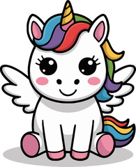A cute cartoon unicorn with rainbow hair and wings sitting on a white background with a shadow