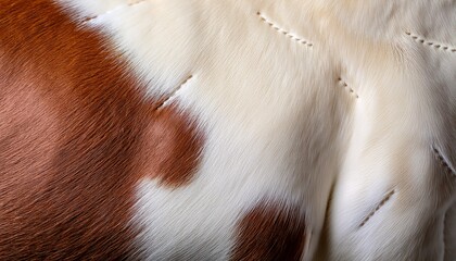 Fototapeta premium close up image of a soft white and light brown animal hide with visible fur texture and natural stitching