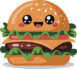 A cartoon burger with a smiling face and big eyes on a white background with sesame seeds on the bun