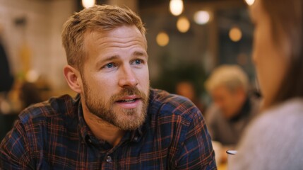 Medium shot of a team leader discussing ideas with a partner over coffee focused expressions in sharp clarity blurred busy cafe setting behind.