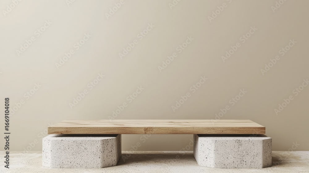Poster a minimalist wooden platform resting on stone blocks for displaying products.
