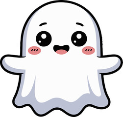 A cartoonish white ghost with black outlines and big eyes and pink cheeks on a white background