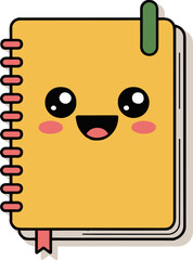 A cute yellow notebook with a happy face and a green clip on top isolated on a white background