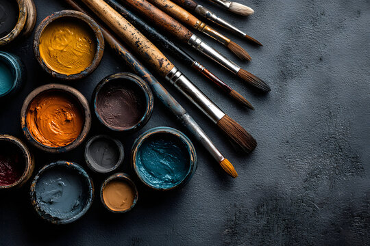 set of accessories for painting with paints and bruses. fine art tools. creatie composition in flatley syle . top view. copy space