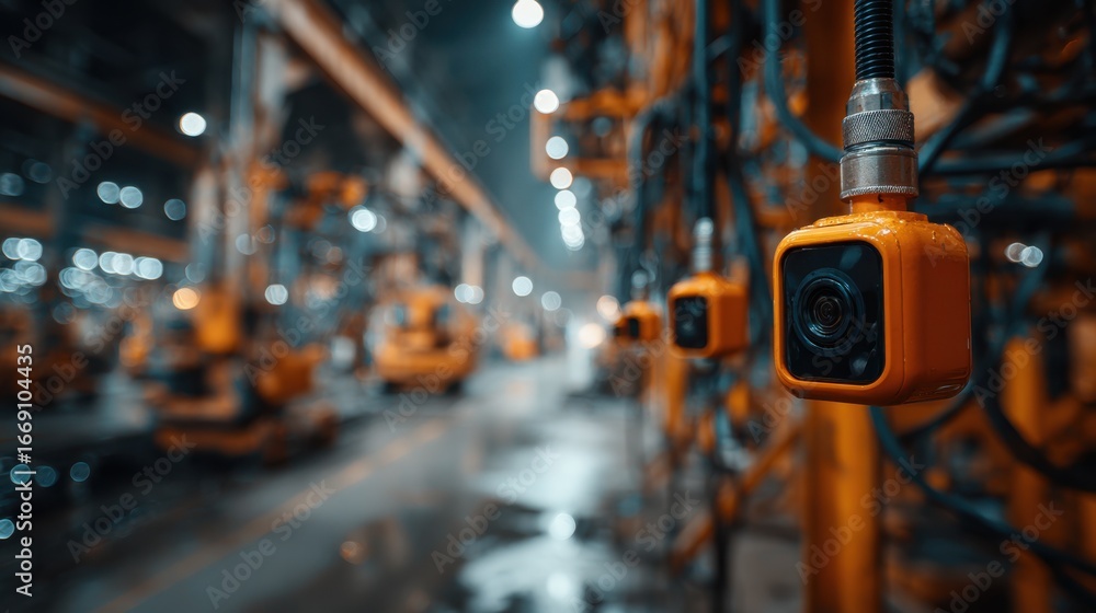 Poster medium shot focusing on advanced hardware sensors attached to industrial machinery with the factory 