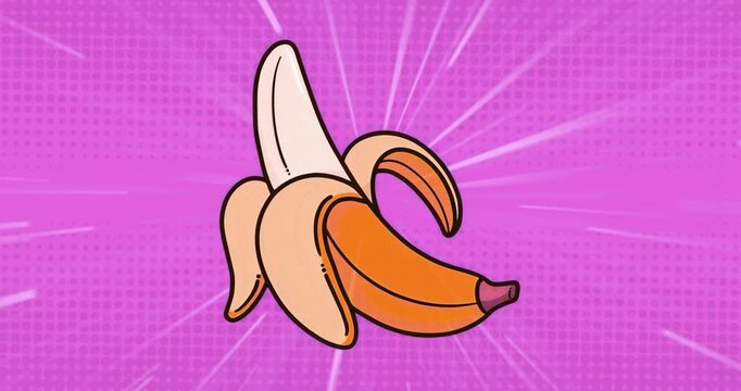 At opening, peeled banana staying centered while white radial burst lines pulsing for pop-art vibe