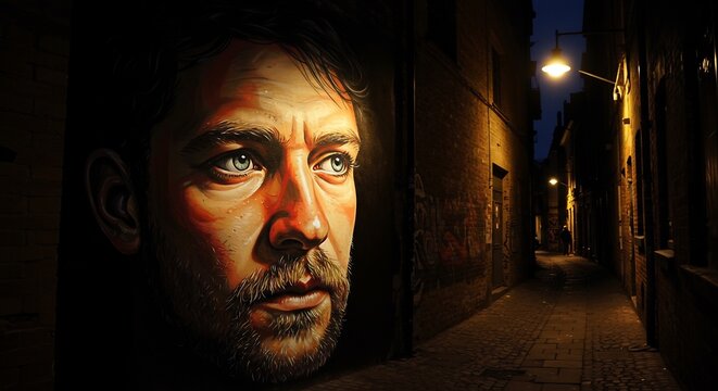 A painted face peers from the left next to a dark narrow alleyway illuminated by streetlights