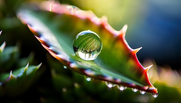 photography showcases a single water droplet resting on the surface of a vibrant textured succulent leaf creating a mesmerizing reflection of a miniature forest within