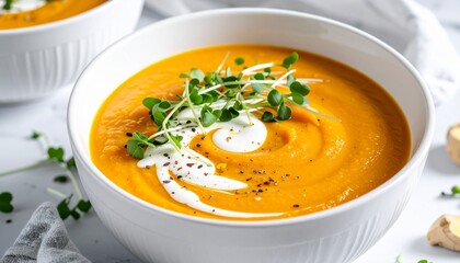 Carrot and Ginger Soup with Coconut Cream and Microgreens. Fine Dining Scandinavian / Nordic Cuisine