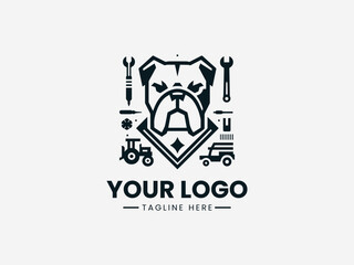 Tough bulldog mascot with automotive tools in reliable repair shop vector logo