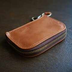 A brown leather wallet with a gold zipper
