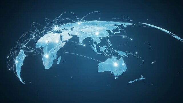 A conceptual digital world map shows a blue globe with continents outlined in binary code, representing a global network of technology and communication