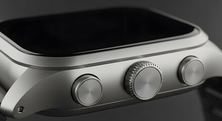 Fototapeta premium Close-up view of a modern smartwatch with three side buttons and a sleek digital display, showcasing its metallic finish.