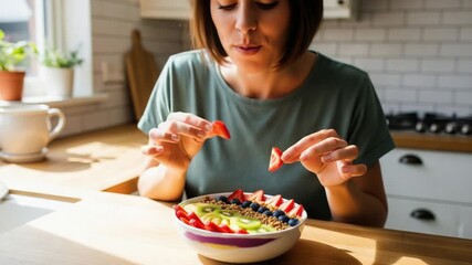Woman enjoys a healthy fruit bowl with strawberries in a bright kitchen space - Powered by Adobe