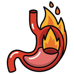 Unhealthy stomach on fire flat style vector medical illustration