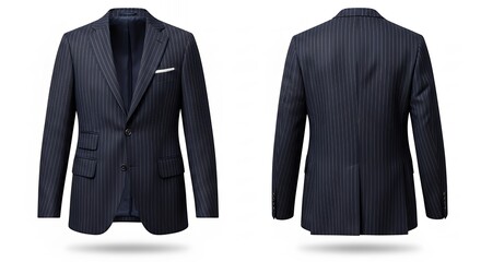 Elegant tailored navy pinstripe business suit with classic single-breasted design and sharp lapels for professional formal occasions