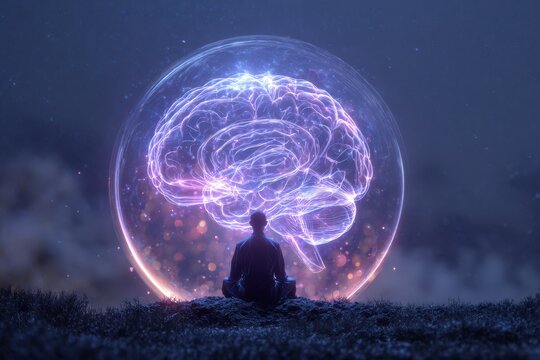 Meditative man facing glowing brain orb.