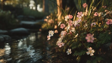 Naklejka premium Delicate blossoms by a tranquil stream