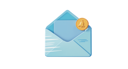 3D Render of a Light Blue Email Envelope with Notification Bell Icon for Website and App Design