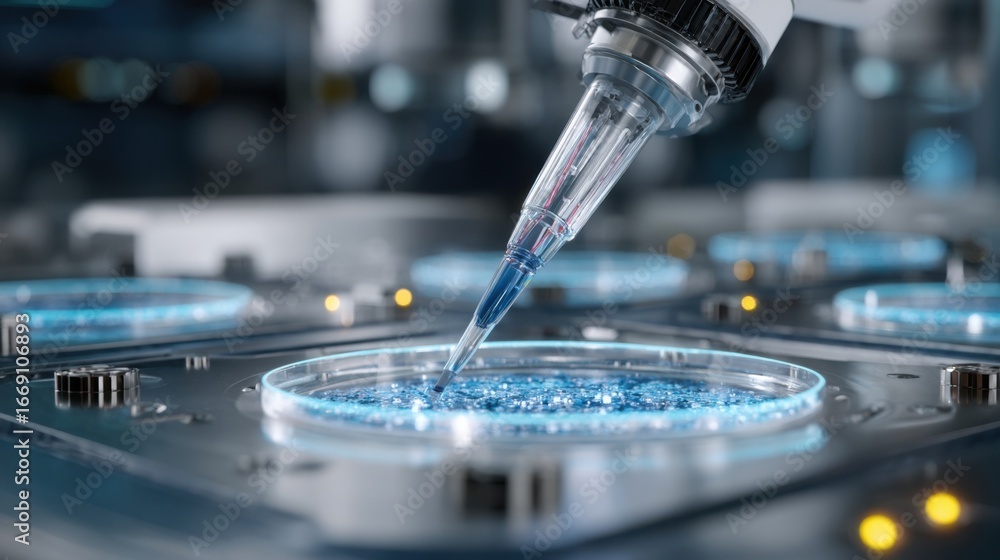 Poster an image showing a robotic pipetting system precisely delivering small volumes of drug solutions int