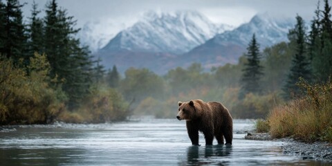 Majestic Bear Standing in Clear River Surrounded by Breathtaking Mountains Creating a Wild and Natural Scene Full of Life and Serenity in Nature