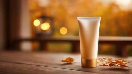 窓辺に置かれた化粧品チューブ。秋らしい落ち葉とランタンのある温かみのある演出。
