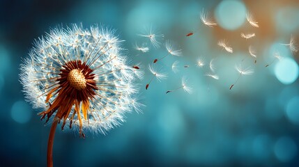 A  close-up view of a dandelion seed head with seeds gently floating away against a soft teal and amber bokeh background, showcasing a sense of freedom and natural beauty.