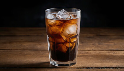 Glass of iced americano coffee with ice cubes served on rustic wooden table against dark background, refreshing cold brew style beverage with rich taste, perfect for summer refreshment, cafe culture, 