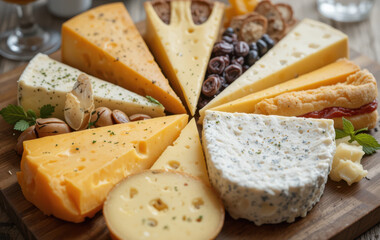 Delicious cheese platter featuring various types of cheese, nuts, and dried fruits