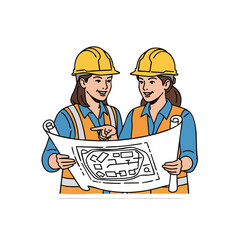 Two female construction workers reviewing a blueprint wearing safety vests and hard hats on black background