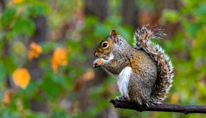 Fototapeta premium A gray squirrel with a bushy tail holds a nut on a branch, set against an out-of-focus background of autumnal foliage.