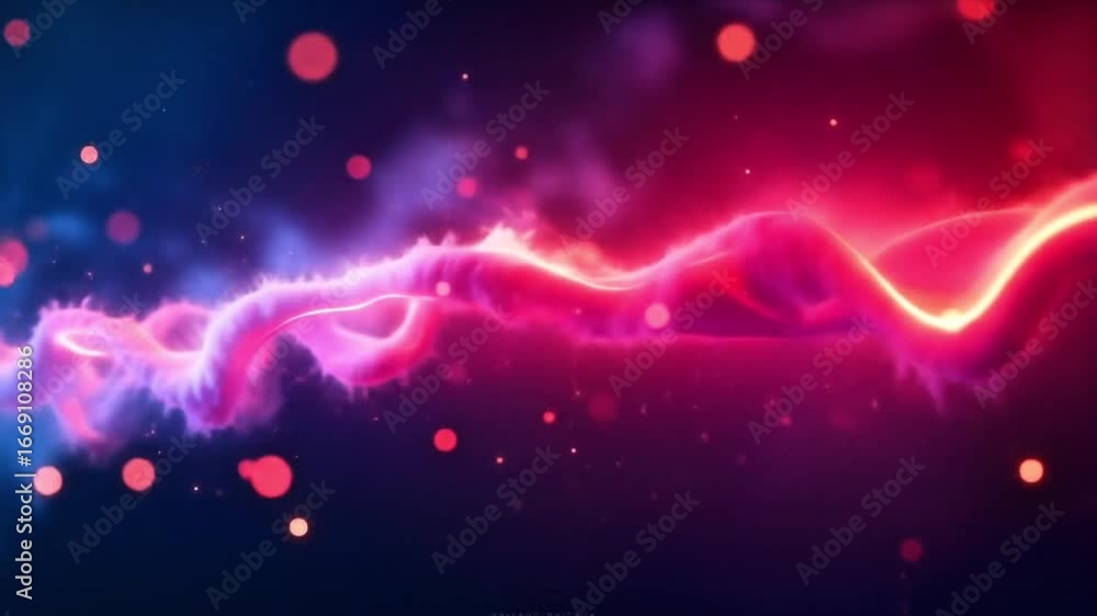 Poster animated abstract neon energy stream with glowing particles in a dark space background