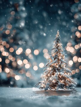 Snowy tree with lights, winter holiday scene.