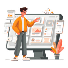 Flat vector man customizing interface buttons on a screen, isolated on white.