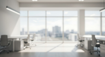 Fototapeta premium Blurred Modern Office Interior with City View. Bright, Empty Workspace with Large Windows. Corporate Background, Bokeh Effect.
