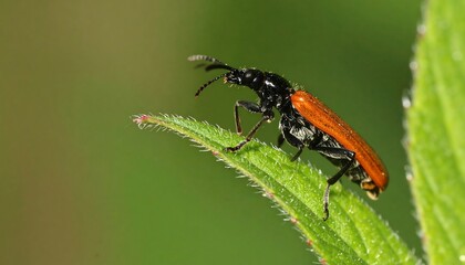 Fototapeta premium A close-up view of an orange and black beetle resting on a vibrant green leaf, showcasing intricate details of its segmented body and delicate leaf structure.