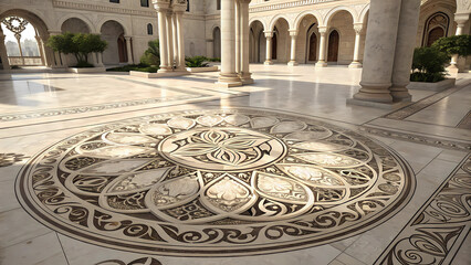 Obraz premium Ornate courtyard with marble columns and a large circular floor pattern in a middle eastern style