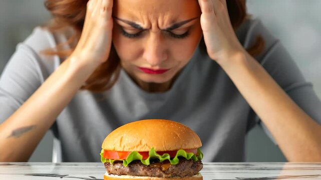 The Food Dilemma: A striking shot reveals a stressed woman wrestling with temptation as a delicious burger sits tantalizingly before her. It's a visceral exploration of desire, discipline.