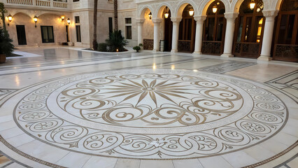 Obraz premium Ornate marble floor with circular design in a courtyard with arches and columns in a building interior