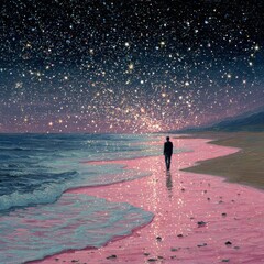 A man is walking on a beach at night